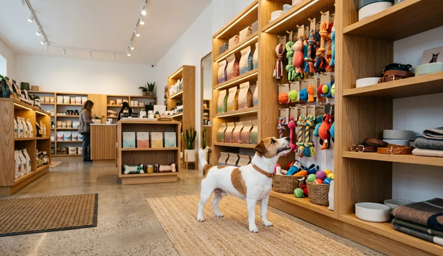 Prateleiras de produtos para animais numa loja