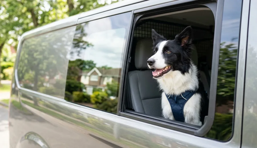 Cão sentado num carro, pronto para viajar