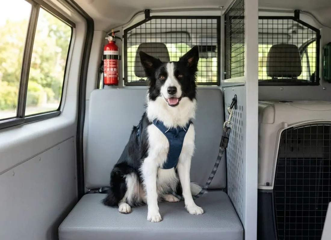 Cão a viajar em segurança numa cadeira própria no carro